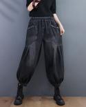 2022 Spring Autumn Arts Style Women Elastic Waist Loose Cotton Denim Ankle Length Pants Double Pocket Vintage Black Jean