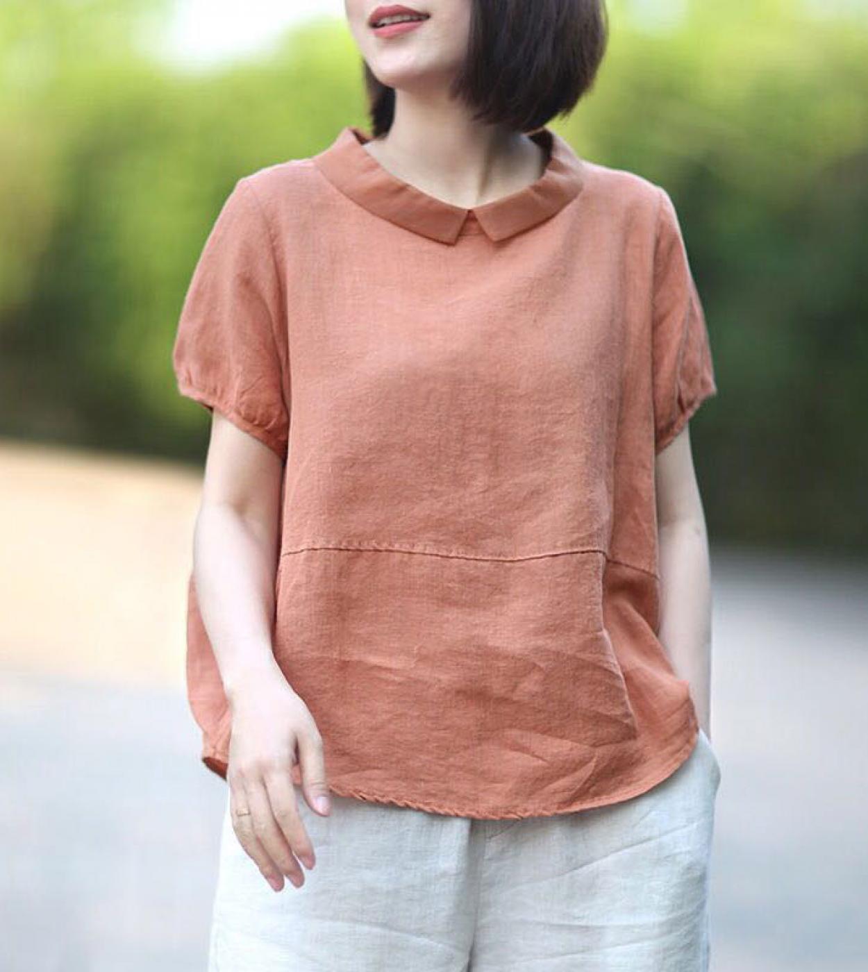 Fje Summer Women Shirt Plus Size Loose Casual Short Sleeve Peter Pan Collar Patchwork Linen Tops Vintage Female Blouse 