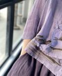 2022 קיץ חדש אומנויות סגנון נשים 34 שרוול רופף חולצת צווארון V חולצה ציור נוף רקמה כותנה פשתן חולצה וינטג