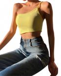 Tetyseysh Women  One Shoulder Crop Tops Solid Color Spaghetti Strap Camisoles 2000s Summer Sling Exposed Navel Tank Tops
