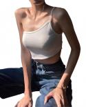 Tetyseysh Women  One Shoulder Crop Tops Solid Color Spaghetti Strap Camisoles 2000s Summer Sling Exposed Navel Tank Tops