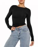 Tetyseysh Women Long Sleeve Cropped Top Round Neck Solid Fitted Tee Shirt Autumn Slim Show Navel T Shirt