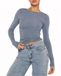 Tetyseysh Women Long Sleeve Cropped Top Round Neck Solid Fitted Tee Shirt Autumn Slim Show Navel T Shirt
