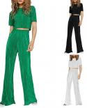 Women Fashion Pant Sets 2pcs Summer Pleated Short Sleeve Navel Round Neck T Shirts Tops And High Waist Wide Leg Trousers