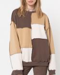 Women Color Block Hoodies Tops Casual Long Sleeve Round Neck Patchwork Pullover Top Autumn Sweatshirtspullovers