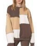 Women Color Block Hoodies Tops Casual Long Sleeve Round Neck Patchwork Pullover Top Autumn Sweatshirtspullovers