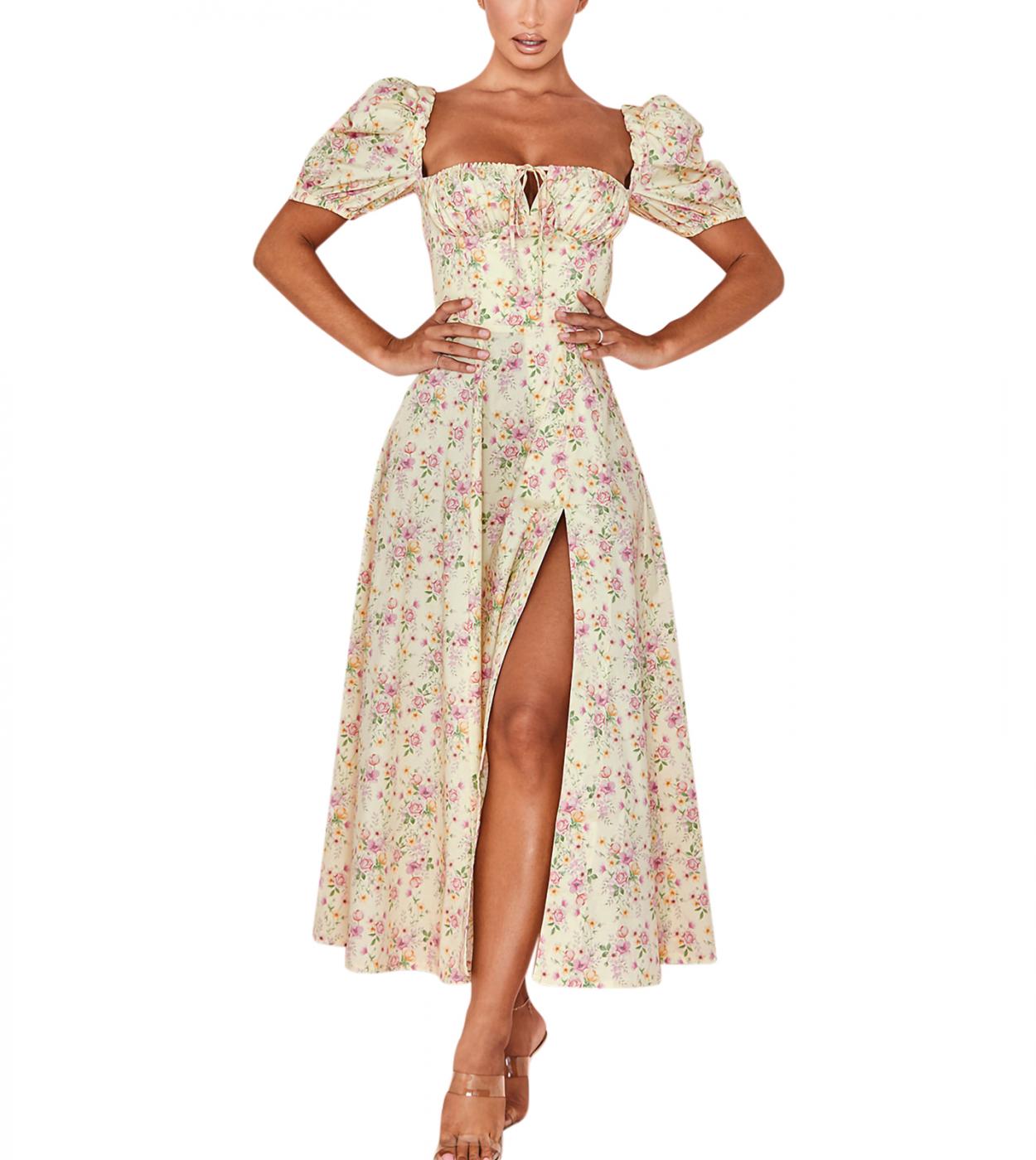 Women’s Summer Puff Sleeve Dress Fashion Floral Lace Up Square Collar Split Long Dress Elegant Holiday Vestidos Sundre