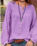 Womens Boho Solid Color Shirt Loose Long Sleeve Round Neck Chest Button Tops Blouse For Female Blouses Plus Sizeblouses