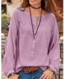 Womens Boho Solid Color Shirt Loose Long Sleeve Round Neck Chest Button Tops Blouse For Female Blouses Plus Sizeblouses