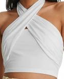 Tetyseysh Women Cross Halterneck Tanks Tops  Backless Cropped Tops Solid Color Sleeveless Vest Tops Streetwear Summer