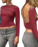 Tetyseysh Backless Tops For Women  Long Sleeve Cropped T Shirt Open Back Tee Shirts Streetwear Fitted Cutout Tops For Fe
