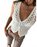 Tetyseysh Crochet Knit Vest Slim Fit Button V Neck Cropped Tops Streetwear Women Sleeveless Solid Color Party Street Tan