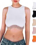 Tetyseysh Women Rhinestone Fringe Crop Top Ribbed Sleeveless Round Neck Scropped Tank Tops 90s Summer Streetwear Tank Ca