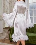 Women Bathrobe Nightwear Lingerie Feather Long Sheer Kimono Bridal Solid Color Soft Long Sleeve Robe Sleepwear Ladies Lo