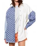 Womens Long Sleeve Outwear Contrast Color Checkerboard Pattern Front Pockets Turn Down Collar Button Down Shirt