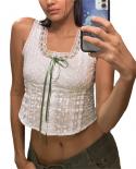 Tetyseysh Women Y2k Lace Trim V Neck Sleeveless Cropped Tops Lace Up Front Camisoles Backless Tank Top Summer Tops Camis