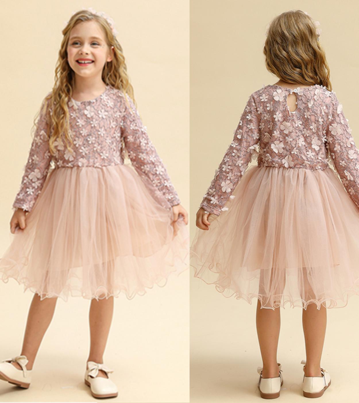 Kids Girls Autumn Full Sleeve Dress Floral Appliques Party Dress For 3 8t Little Girl Cute Children Princess Gown Birthd