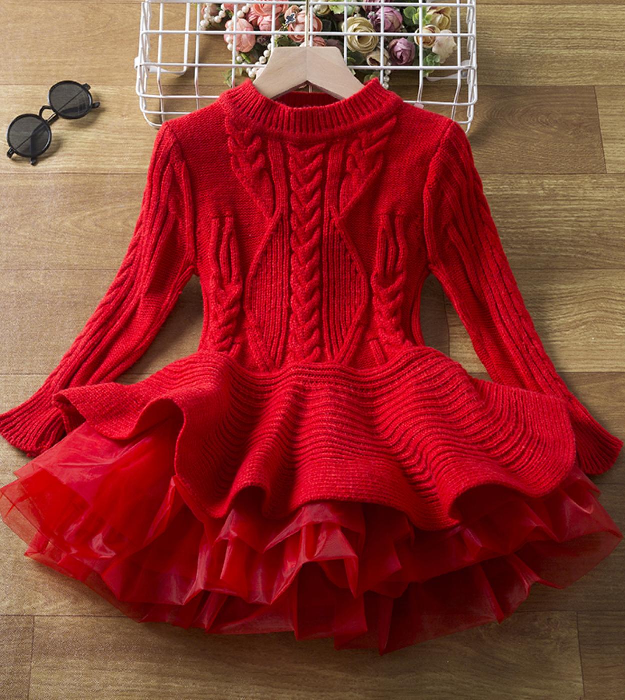סוודר סרוג חם חורף שרוולים מלאים שמלות בנות לילדים אדומה מסיבת חג המולד שמלת נסיכה 3 8 שנים ילדים casu