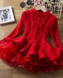 Inverno caldo maglione lavorato a maglia maniche lunghe ragazze abiti per bambini rosso festa di Natale vestito da principessa 3