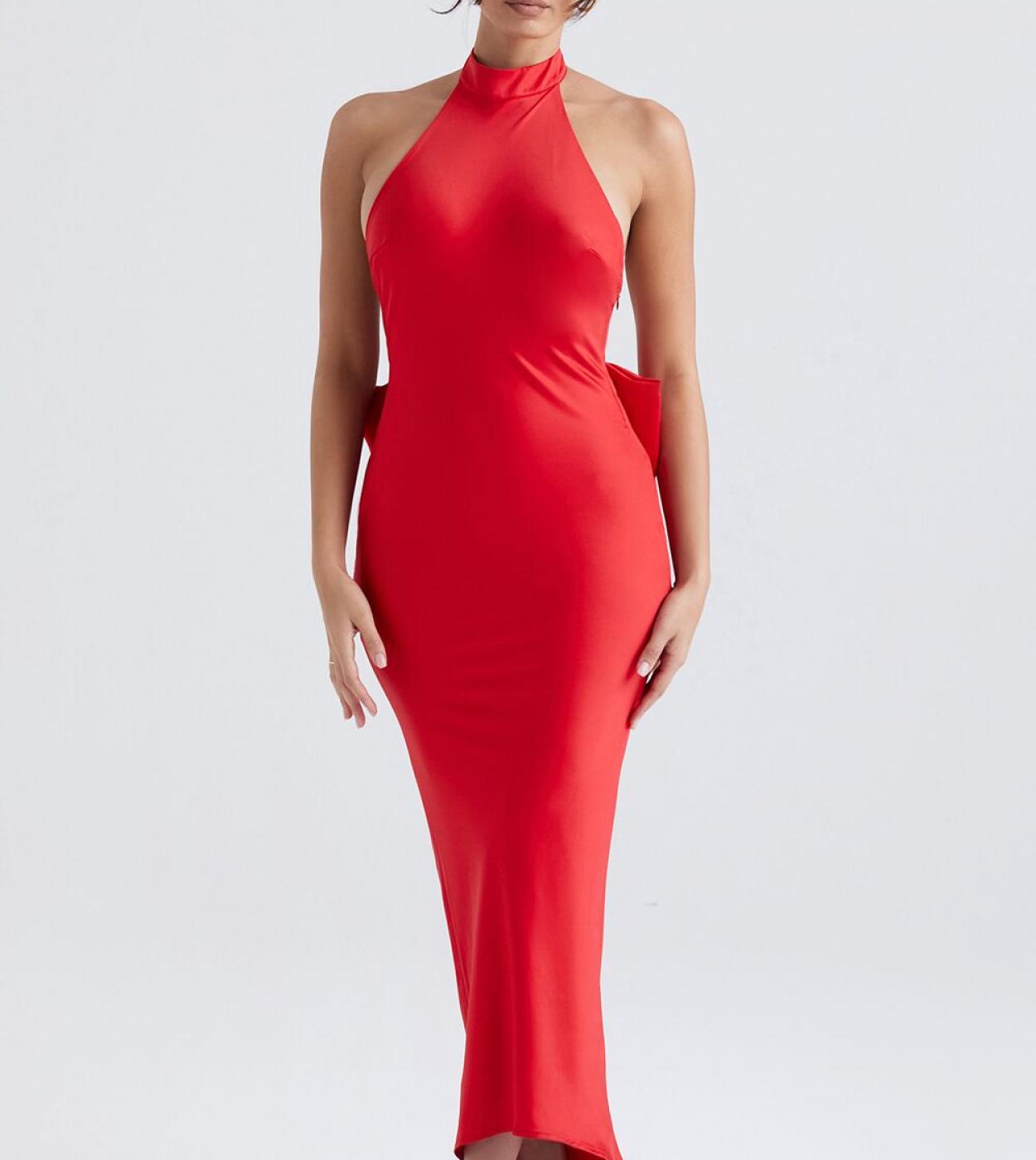 Ladys  Backless Bow Bandage Dress Sleeveless Red Neckmounted Bodycon Party Cocktail Party Evening Length Dresses  Dress