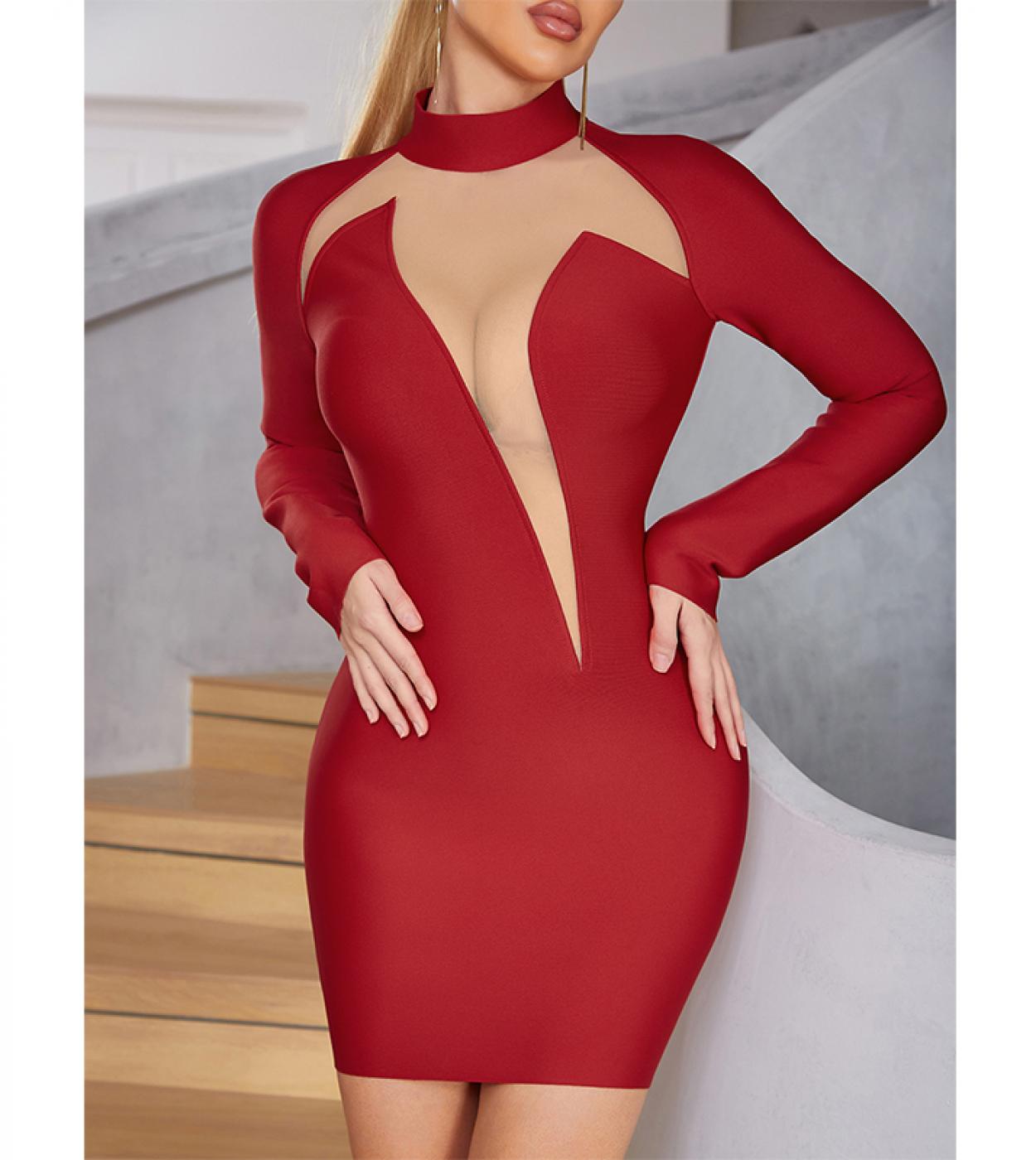 2022 Autumn Womens New Long Sleeve Bandage Fabric Hollow Chest Petals Red High Neck Party Banquet Dance Party Evening D