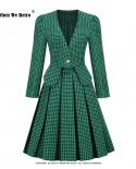 Hepburn Retro Otoño Invierno falda elegante traje plisado vestido mujer verde Plaid faldas Vintage 50s 60s Pin Up Robe Femme