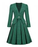 Hepburn Retro Otoño Invierno falda elegante traje plisado vestido mujer verde Plaid faldas Vintage 50s 60s Pin Up Robe Femme