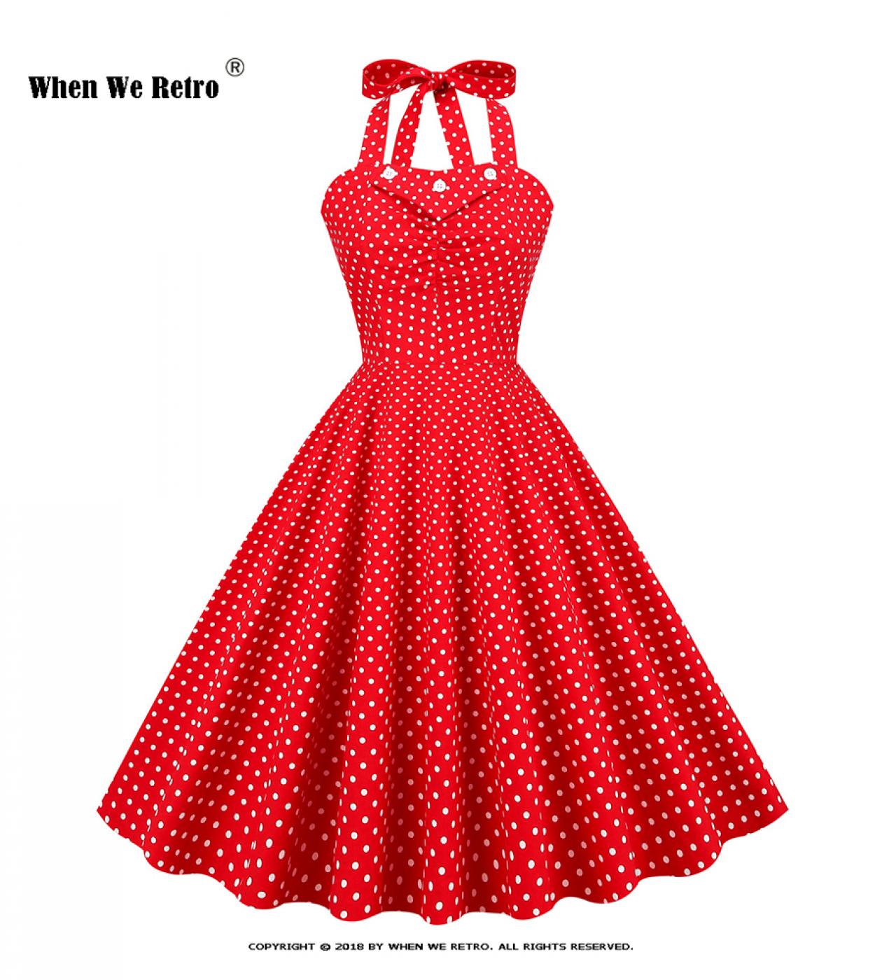 Vestido Vintage estilo francés Hepburn con lunares rojos y cuello Halter, vestido plisado de fiesta Retro para mujer de verano 2