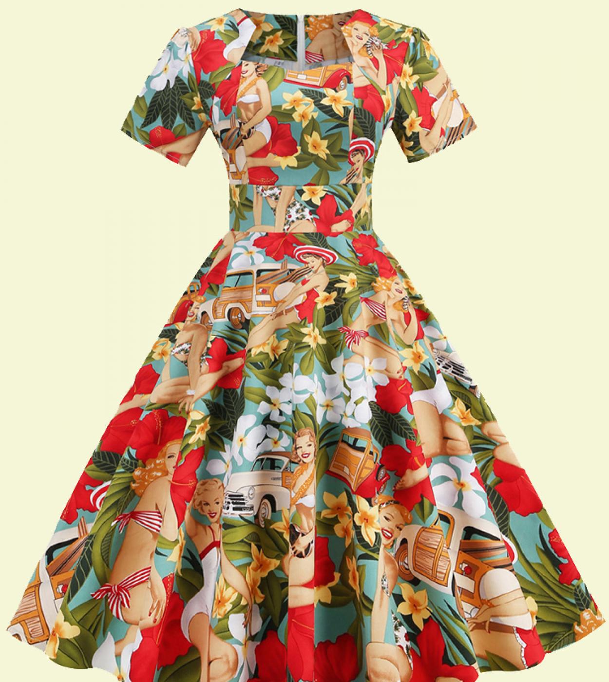 2022 manga corta Retro Rockabilly 50s 60s vestido Vintage para mujer Vd2884 lunares Floral algodón vestidos de verano