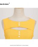 Hepburn Wind Yellow Fold Button Front Hollow Out Evening Party Dress Retro Pinup Sleeveless Slim  Fitting Elegant Dress 