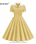 Vestido Vintage de verano de Color sólido para mujer, vestido con botones en la parte delantera y cuello vuelto, vestido veranie