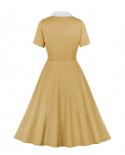 Color sólido Verde Amarillo Una línea Vestido vintage Vd3005 Vestidos de mujer de verano elegantes de un solo pecho