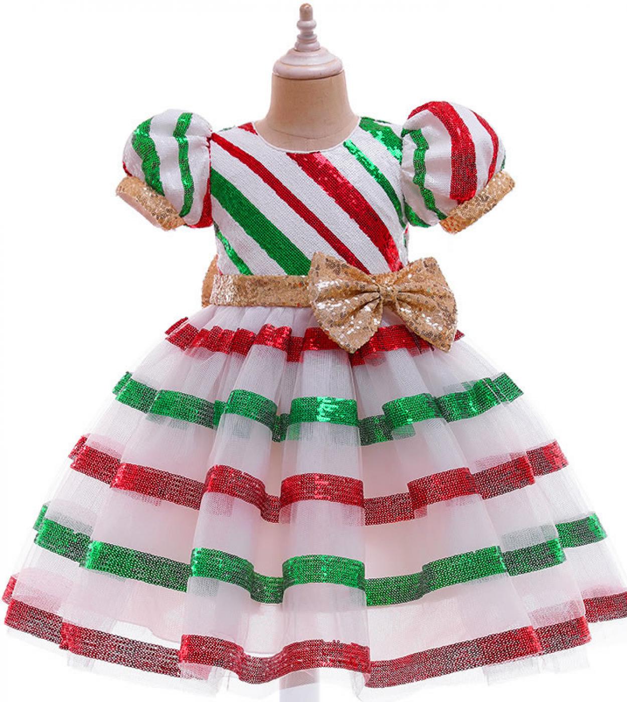Christmas Costume For Teen Girl Dress 2023 Festive Kid Up Bow Striped Sequins Lace Party Frock Children Tunic Clothes