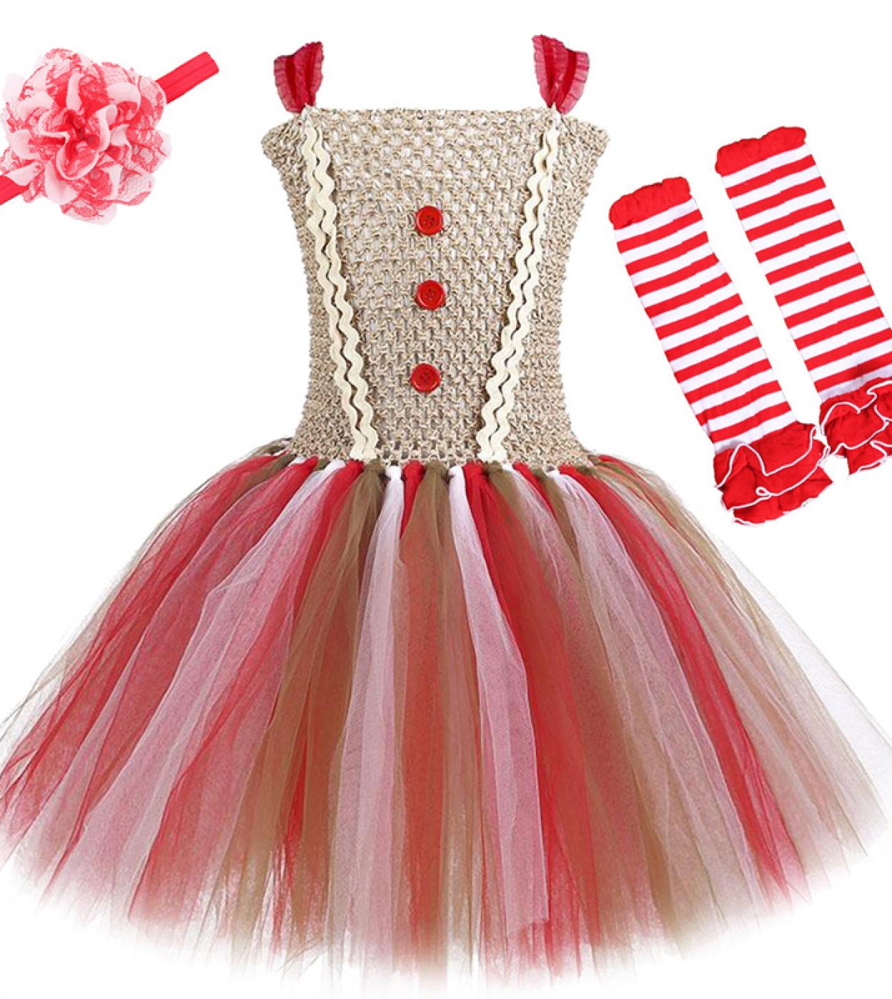 Christmas Gingerbread Dress For Baby Girl Tutu Costume Xmas Children Up Lace Party Tunic Kid Festive Dressesheadbandso