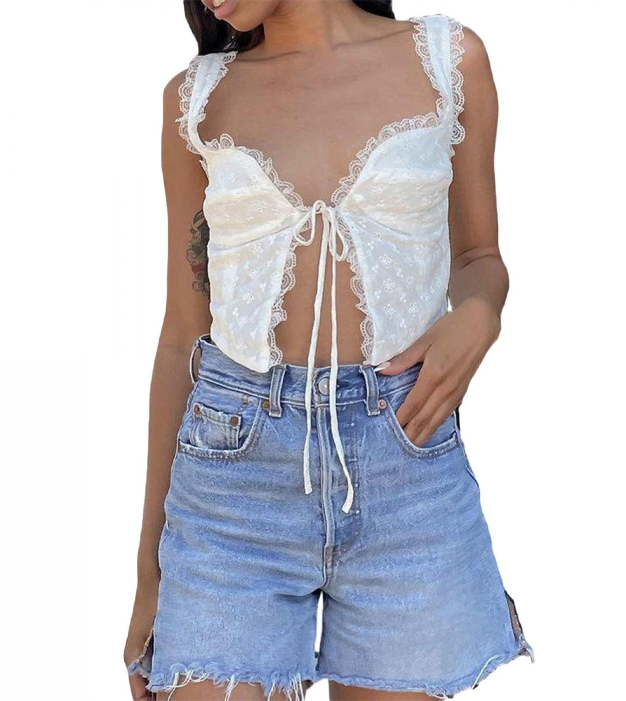 Tetyseysh Women Lace Trim Cropped Camis Low Cut Sleeveless Front Tie Camisole Aesthetic Square Neck Tank Tops Streetwear