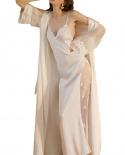 Women V Neck Sleeveless Nightgown Sleepwear Backless Nightdress Thin Long Sleeve Satin Bathrobe With Belt Pajamas