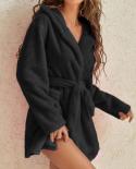 Tetyseysh Autumn Winter Solid Colour Warm Fleece Lace Up Robes Plush Nightgown Hooded Sleepwear With Belt Ladies Robes