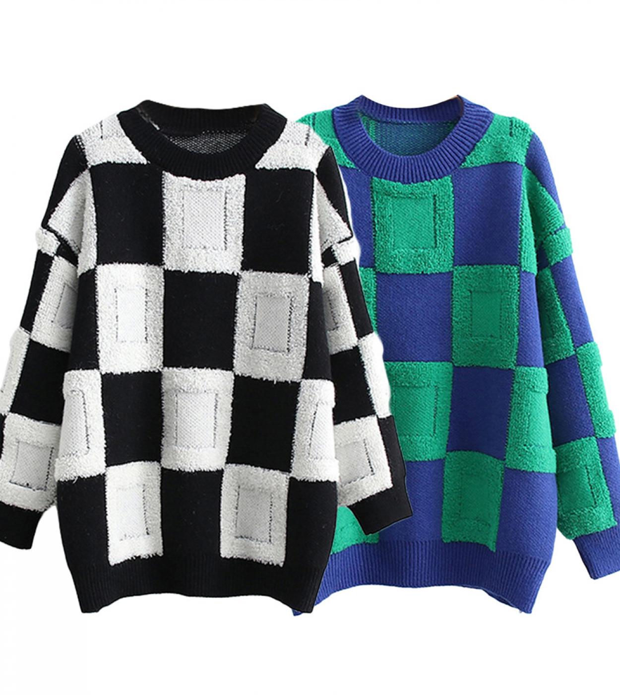 Tetyseysh Women Sweaters Autumn And Winter Fashion Casual Checkerboard Knit Pullover Sweater Color Blocking Round Neck J