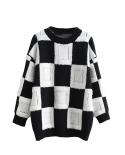Tetyseysh Women Sweaters Autumn And Winter Fashion Casual Checkerboard Knit Pullover Sweater Color Blocking Round Neck J