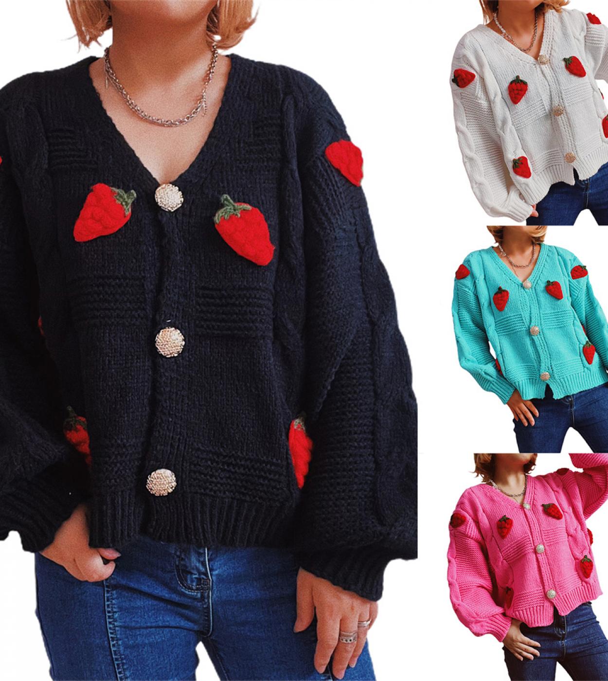 Loose Strawberry Embroidery Knitted Cardigan Thick Twist Single Breasted Sweater Jwomen Loose Long Sleeve V Neck Cardiga