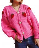 Loose Strawberry Embroidery Knitted Cardigan Thick Twist Single Breasted Sweater Jwomen Loose Long Sleeve V Neck Cardiga