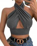 Women Summer Halter Tank Tops Solid Color Cross Halter Neck Backless Camis Close Fitting Crop Tops For Girls Tees Clubwe