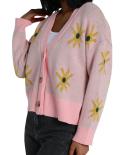  Women Long Sleeve Knitwear Ladies Dropped Shoulder Single Breasted Floral Knitted Coat Casual Cardigan Sweater Autumn C