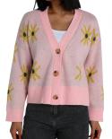  Women Long Sleeve Knitwear Ladies Dropped Shoulder Single Breasted Floral Knitted Coat Casual Cardigan Sweater Autumn C