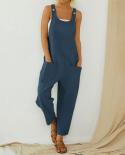Women Loose Style Jumpsuit Boho Solid Color U Shaped Collar Suspender Trousers Summer Casual Sleeveless Overalls With Po