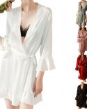 Women  Pajamas Pure Color Simulation Silk Ruffle Nightdress Open Front Ruffled Solid Underwear With Belt Robes Nightwear