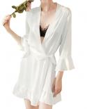 Women  Pajamas Pure Color Simulation Silk Ruffle Nightdress Open Front Ruffled Solid Underwear With Belt Robes Nightwear