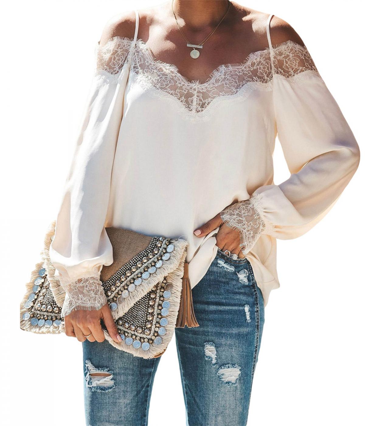 Tetyseysh Women Lace Chiffon Patchwork Top Long Sleeve Off Shoulder Tops Summer Blouses Clothing Streetwear
