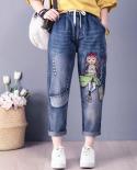  New Spring  Fashion Women Elastic Waist Loose Vintage Jeans Daisy Embroidery Casual Denim Harem Pants S781  Jeans