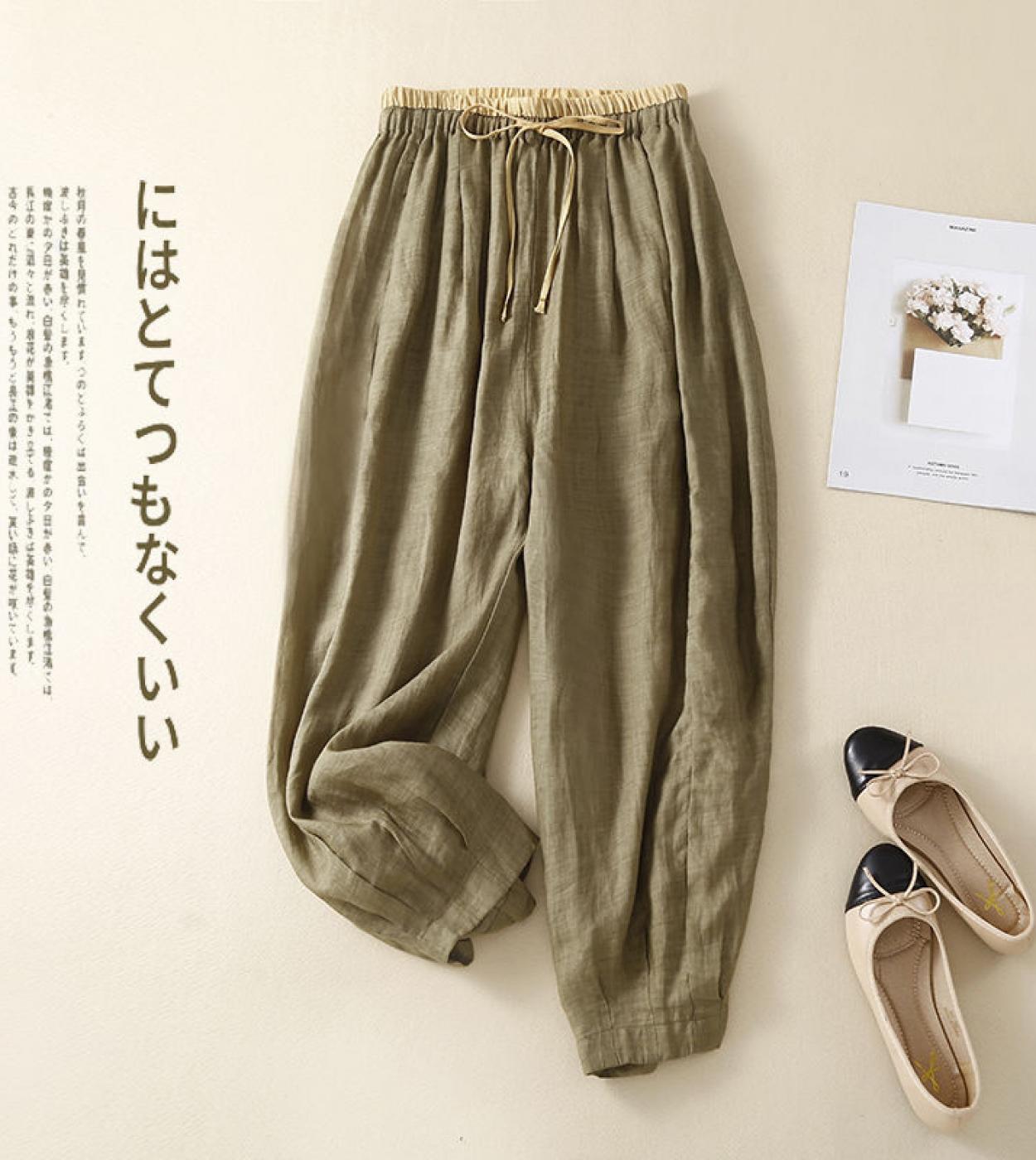 2022 Summer New Arts Style Women Elastic Waist Loose Ankle Length Pants All Matched  Casual Solid Cotton Linen Harem Pan